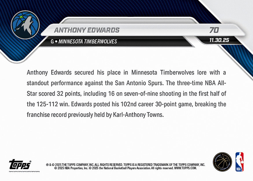 Anthony Edwards - 2025-26 NBA Topps NOW® - Card 70