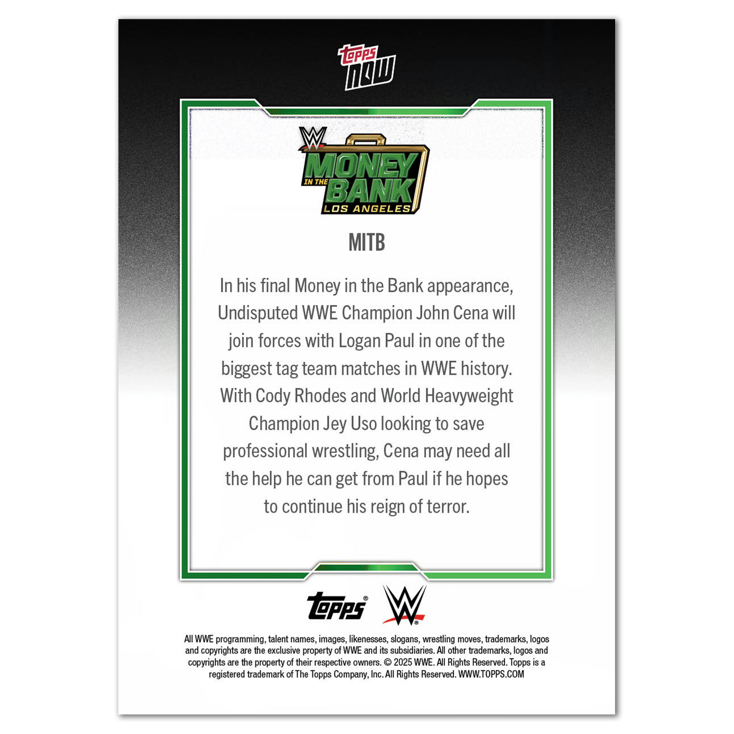 John Cena - 2025 WWE Topps NOW® - Card MITB