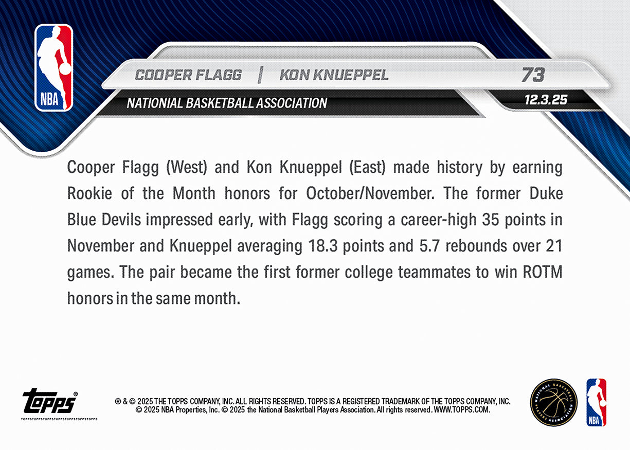 Cooper Flagg / Kon Knueppel - 2025-26 NBA Topps NOW® - Card 73