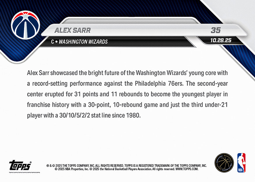Alex Sarr - 2025-26 NBA Topps NOW® - Card 35