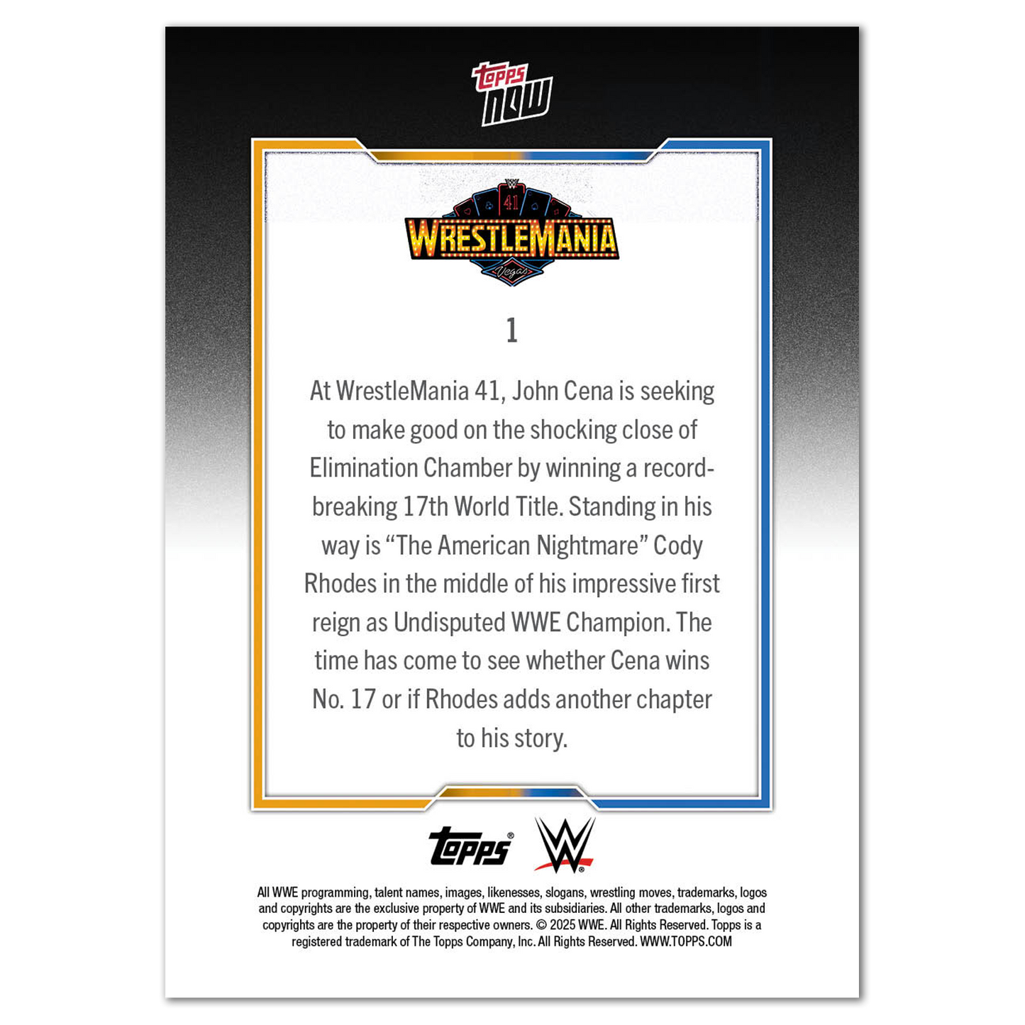 Cody Rhodes/John Cena - 2025 WWE Topps NOW® - Card WM1