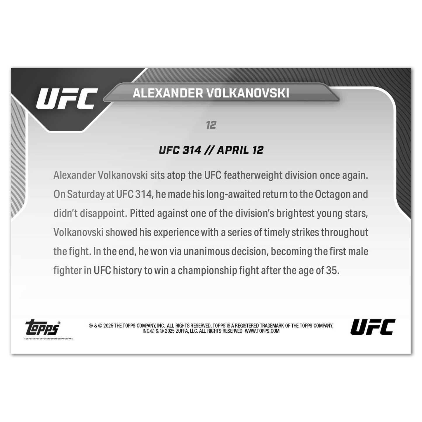 Alexander Volkanovski - 2025 UFC Topps NOW® - Card 12 - LOOK FOR AUTOS