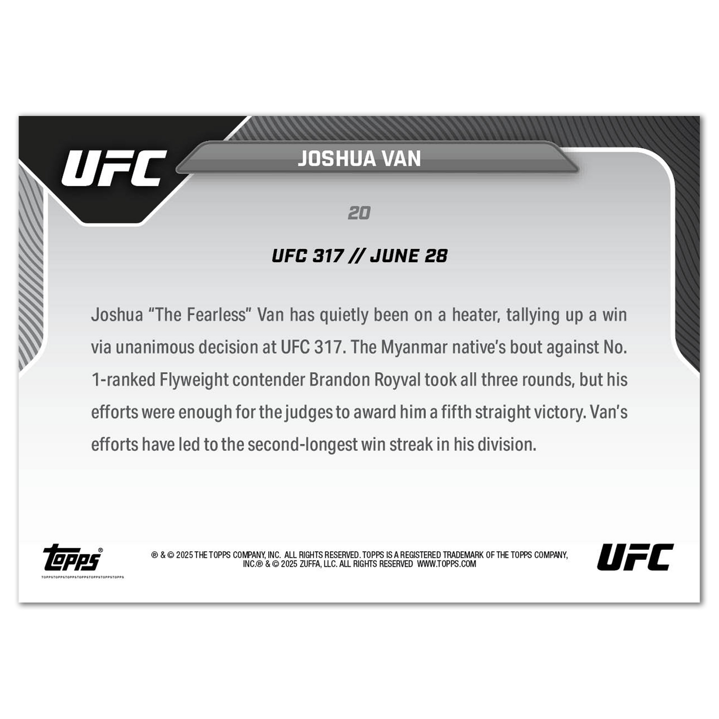 Joshua Van - 2025 UFC Topps NOW® - Card 20