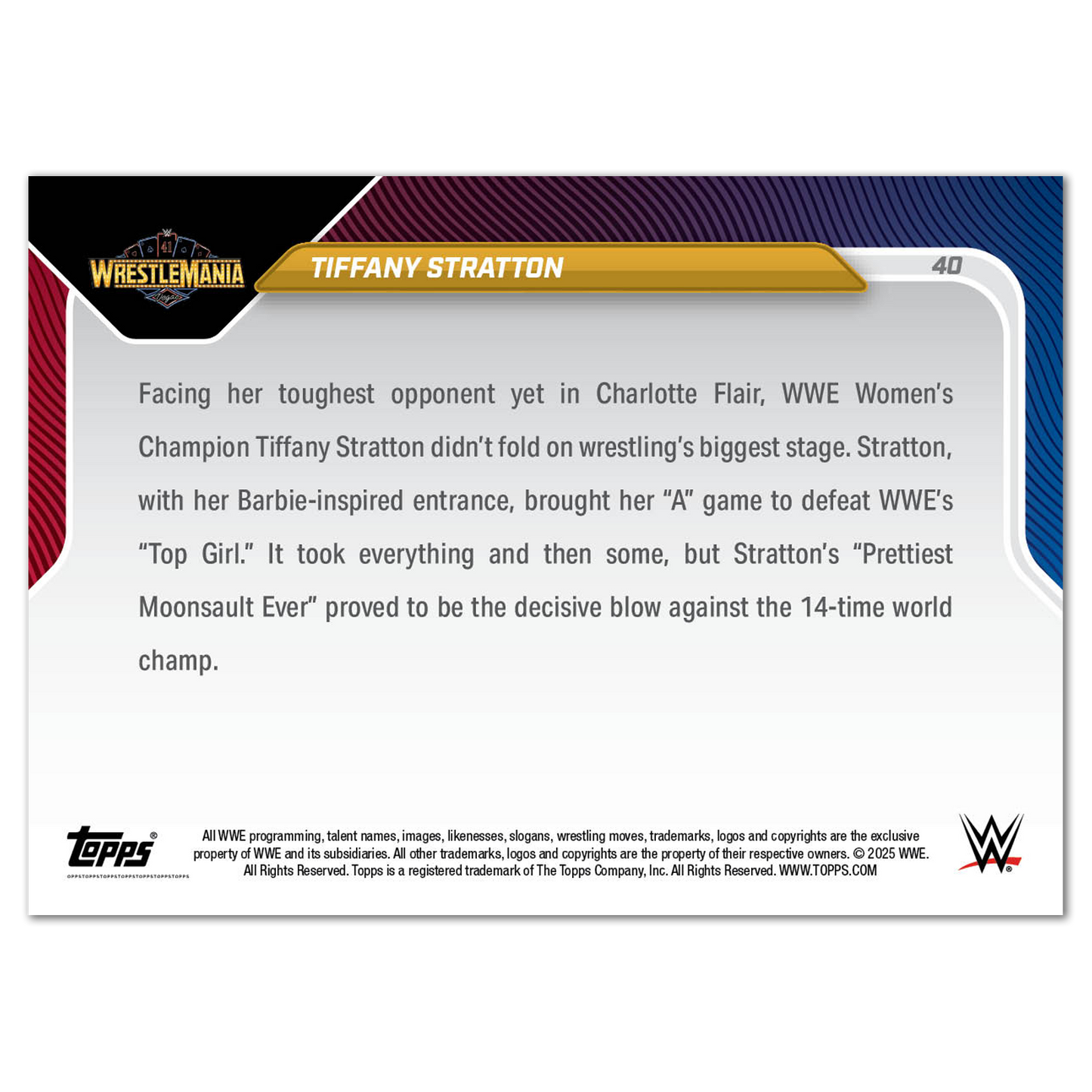 Tiffany Stratton - 2025 WWE Topps NOW® - Card 40 - LOOK FOR RELICS AND AUTOS